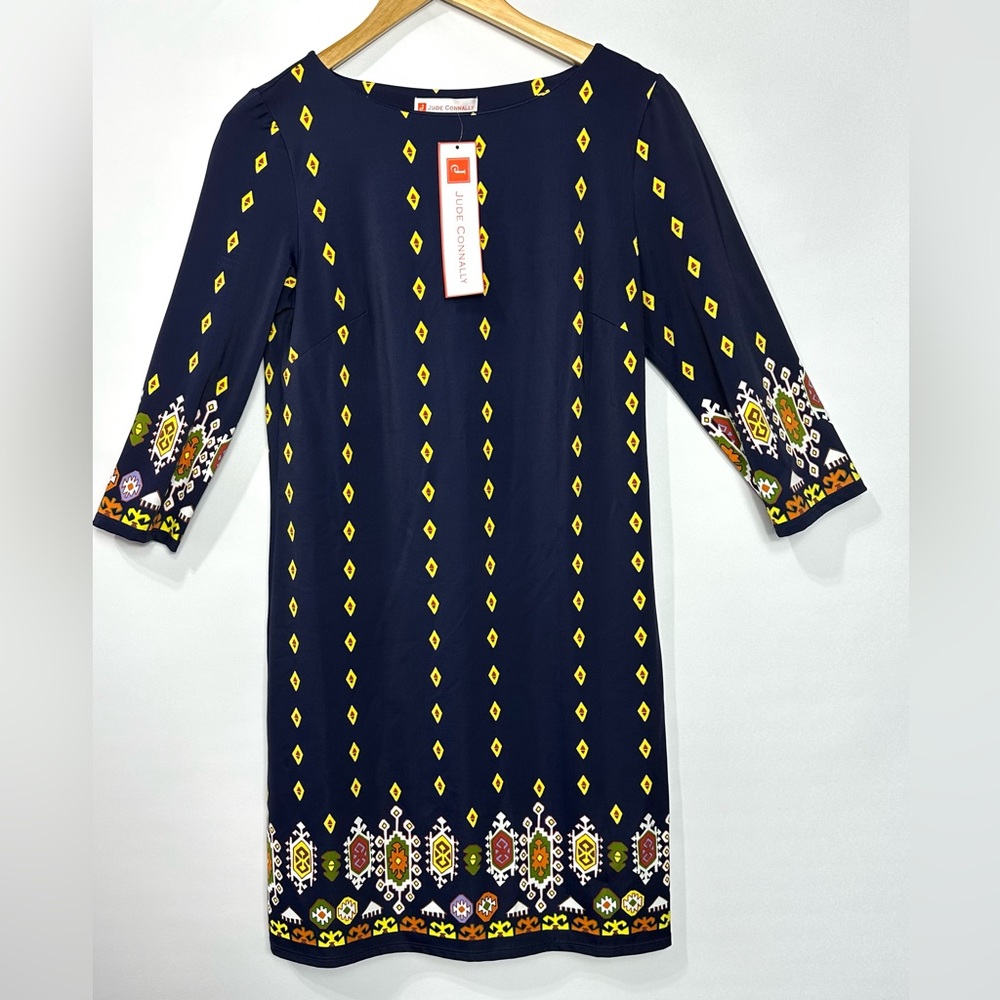 Jude Connally Women’s Marlowe Shift Dress Navy Medallion Border Long sle…